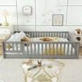 thumbnail image 4 of Montessori Bed with Rails, Full Size Floor Bed with Door & Slats Support, Wood Playhouse Bed with Fence, No Box Spring Needed,Gray, 4 of 8