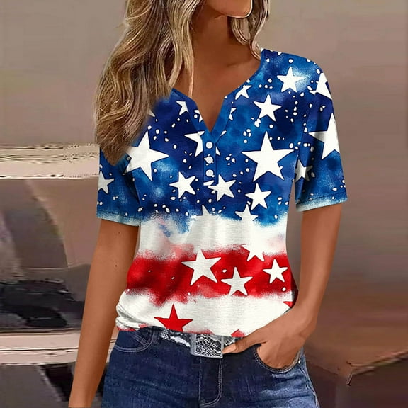 Womens Red White and Blue Blouse American Flag Shirts Womens Fourth of July Shirt Women Memorial Day Shirts Women Fashion Printing Casual Short Sleeves Blouse V-Neck T-Shirt