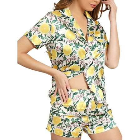 

Glonme Women Summer Pajamas Set Short Sleeve Nightgowns Loungewear Button Down Sleepwear Nightwear Yellow S