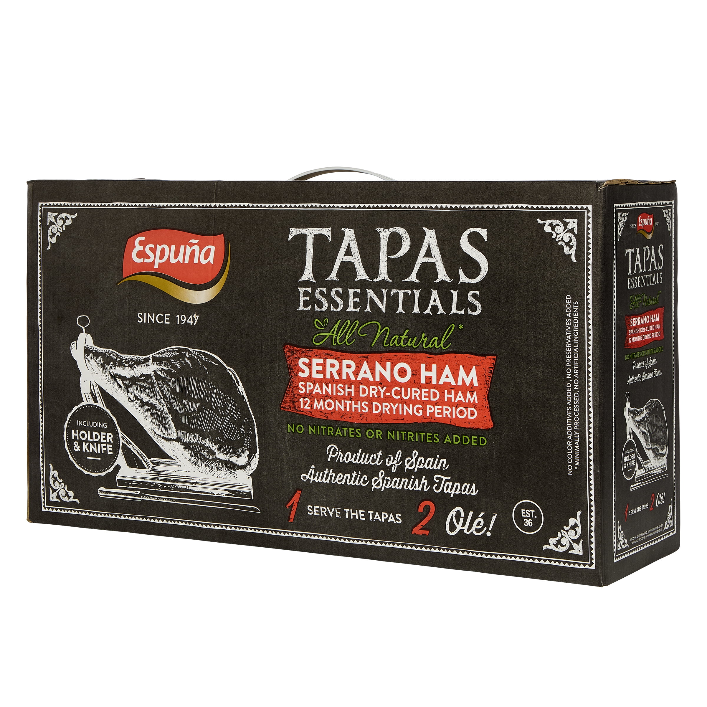 Upper Cut Whole Serrano Ham Leg in Box, 15.4lb with Wooden Stand and Carving Knife