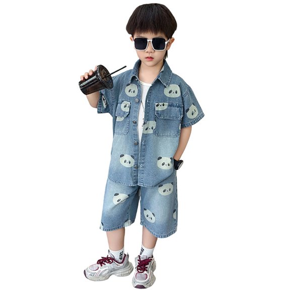 Bysome Boys Outfit Set Graphic Print Short Sleeve Lapel Neck T-Shirts With Shorts Set Cozy Soft Boys Outfit Size 3-4 Years Blue