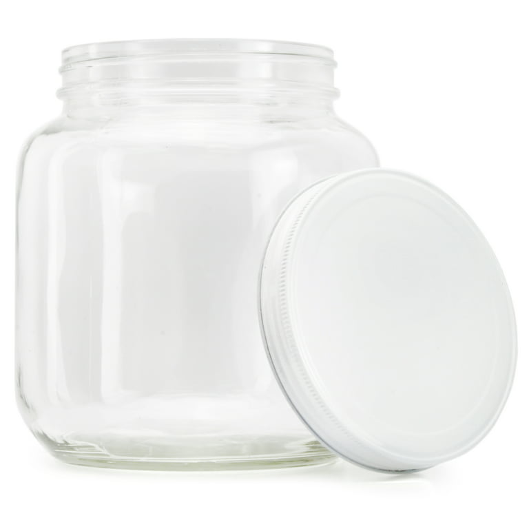Clear Wide-mouth Glass Jar, 64 oz, White Metal Lid (Half Gallon)