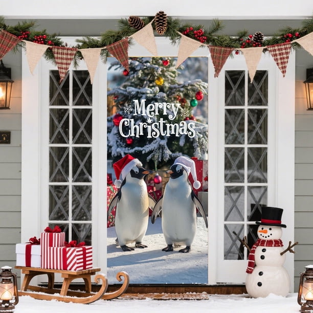 Christmas Door Cover Santa Claus Print Holiday Party Decoration Polyester Fabric Door Hanging for Home Indoor Outdoor Festive Decor