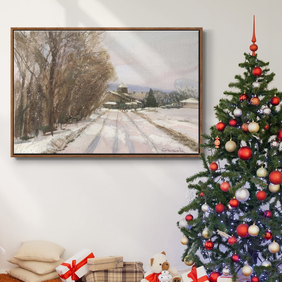 Indian Orchard Greek Orthodox Church - Framed Gallery Wrapped Holiday Canvas - 17 x 25 - Rosewood Frame