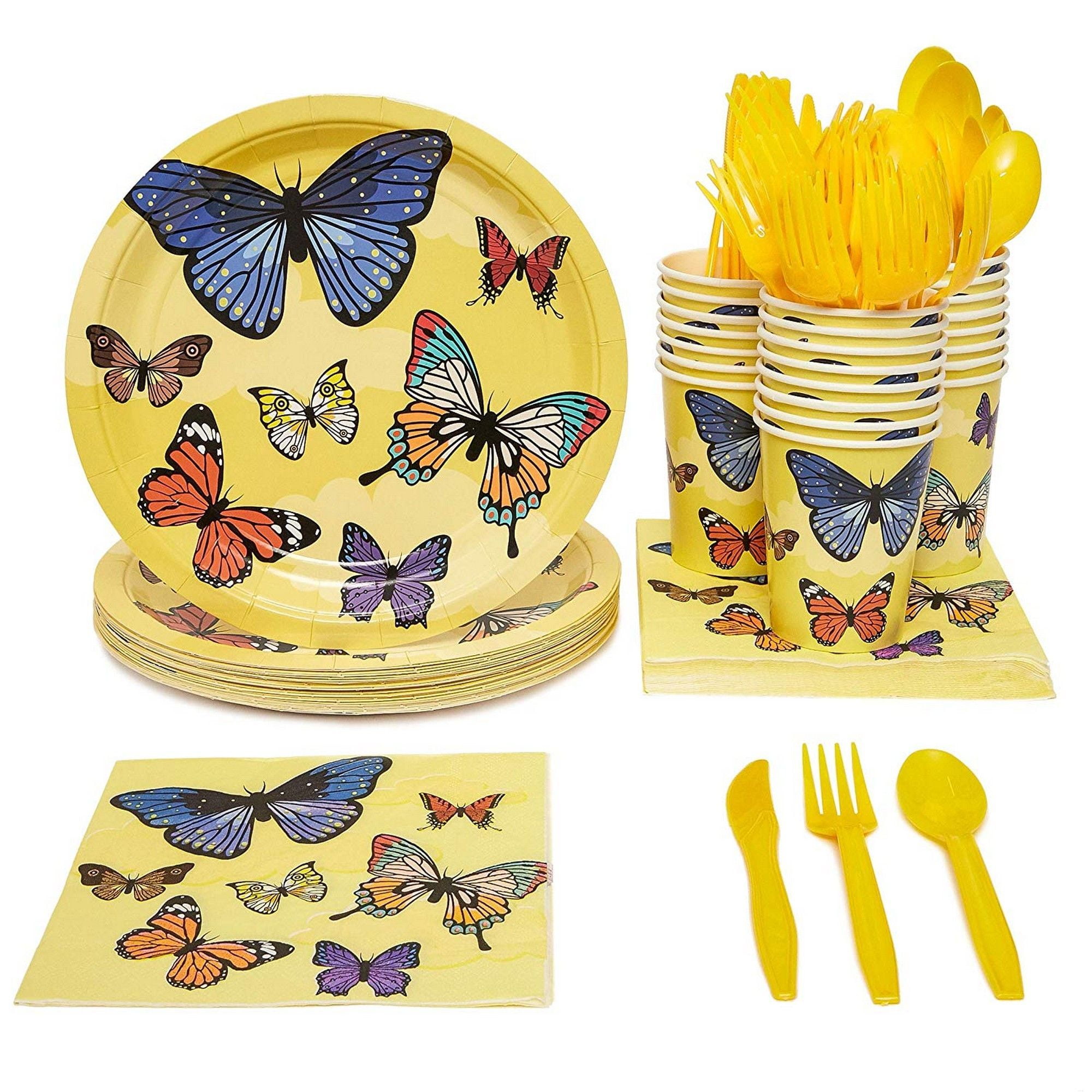 144 Pc Butterfly Paper Plates, Napkins, Cups, Cutlery, Yellow, Serves