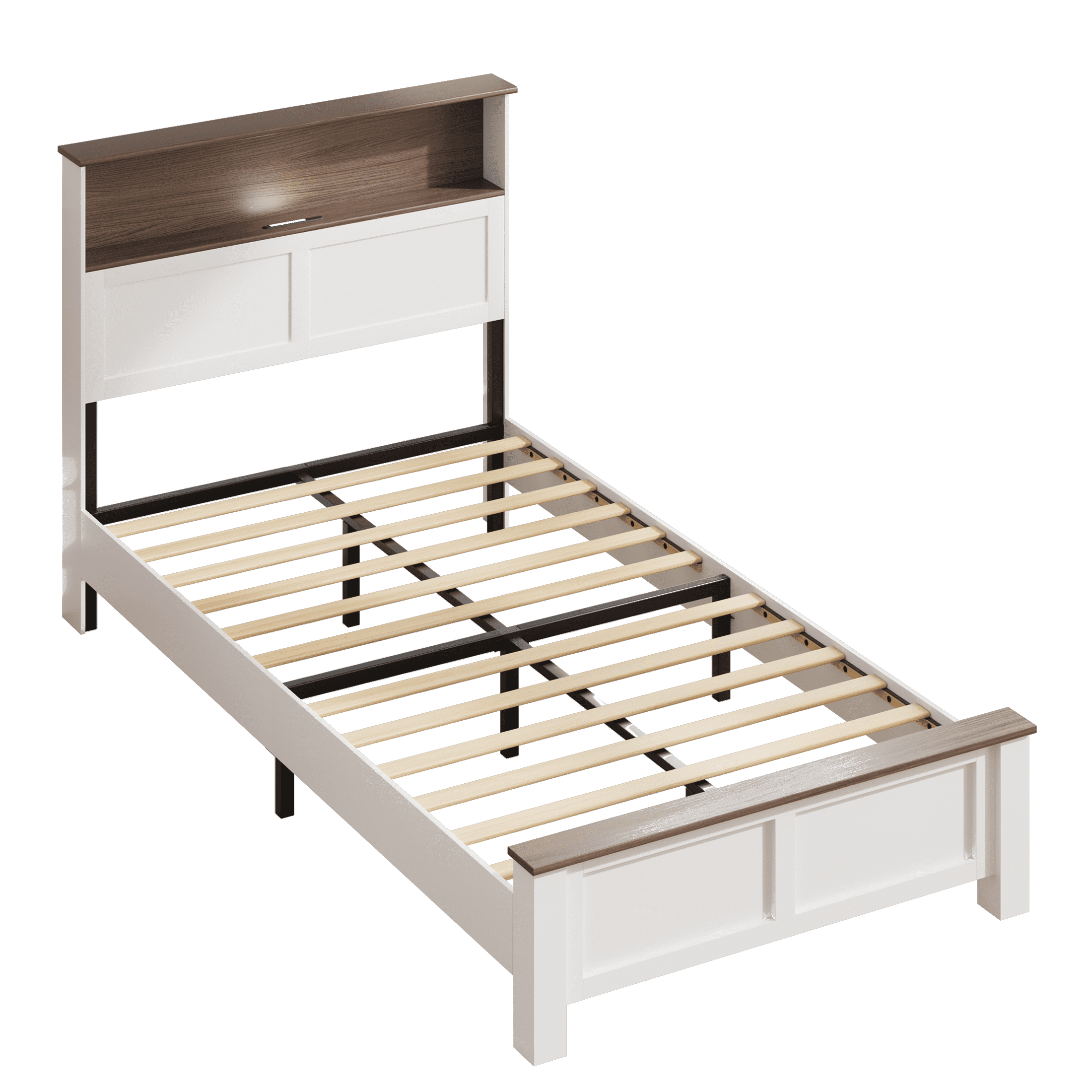 Twin Bed Frame with Storage Headboard and Charging Station, LED Twin Platform Bed with Sturdy Metal Frame, No Box Spring Needed, Easy Assembly, Brown and White