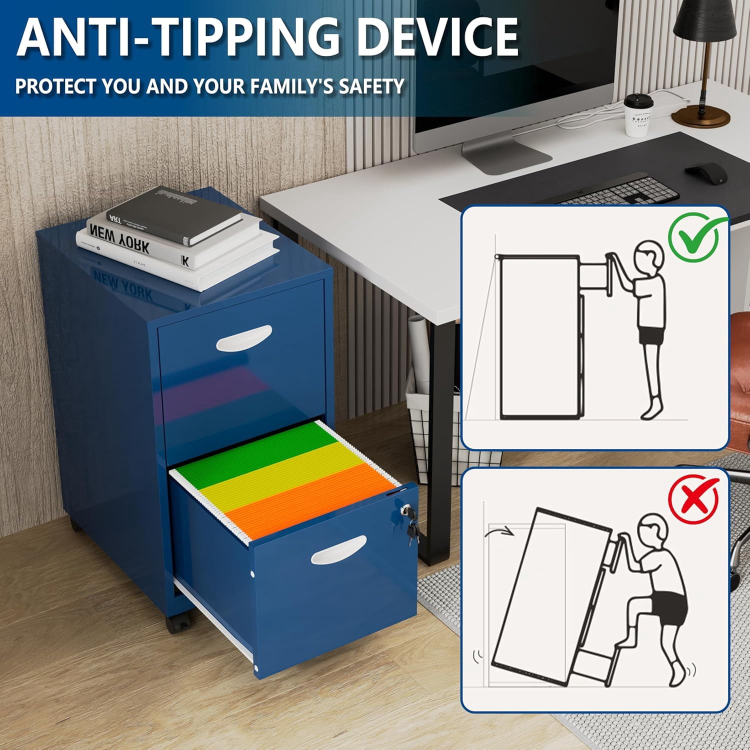 2 Drawer File Cabinet on Wheels, Mobile Two Drawer Filing Cabinet with Lock, Small Rolling Files Cabinets for Under Desk, Metal Filing Cabinets for Letter Size Folders - Assembly Required