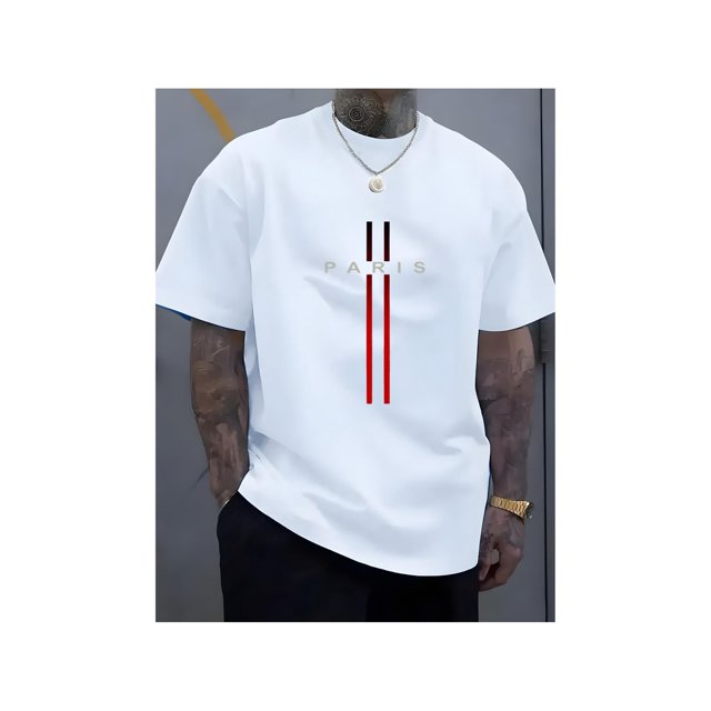 Camiseta de algodón con estampado gráfico de París para hombre: cuello redondo suave, ligeramente elástica, estilo urbano, transpirable, para todas las estaciones, lavable a máquina, corte estándar.