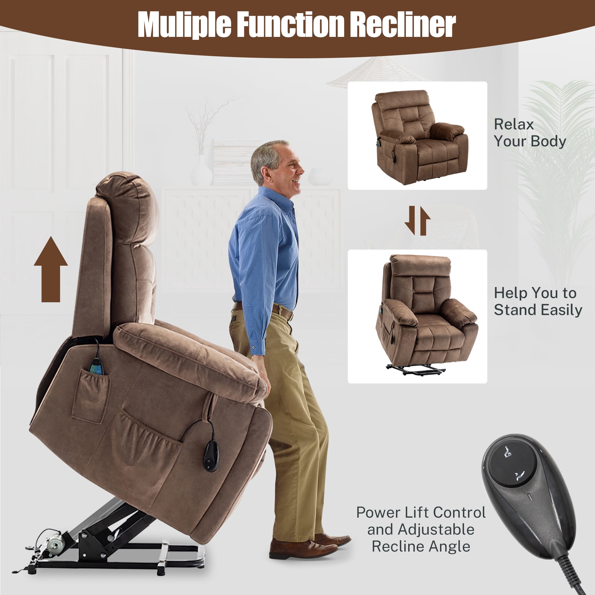 SYNGAR Electric Lift Recliner Chair with Heat and Massage, Oversized Recliner with Hidden Cup Holder for Living Room, Single Recliner Sofa with 26" Width Seat, Easy Assembly, Brown