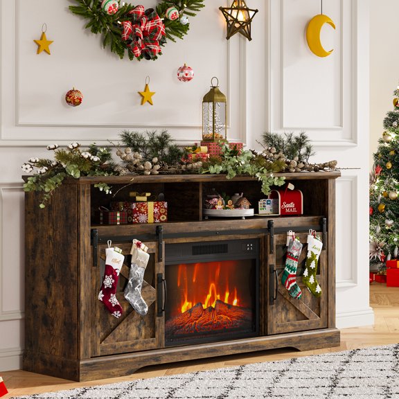 Farmhouse Fireplace TV Stand, 60" Electric Fireplace TV Console with Electric Fireplace & Sliding Barn Door, Entertainment Center for Living Room