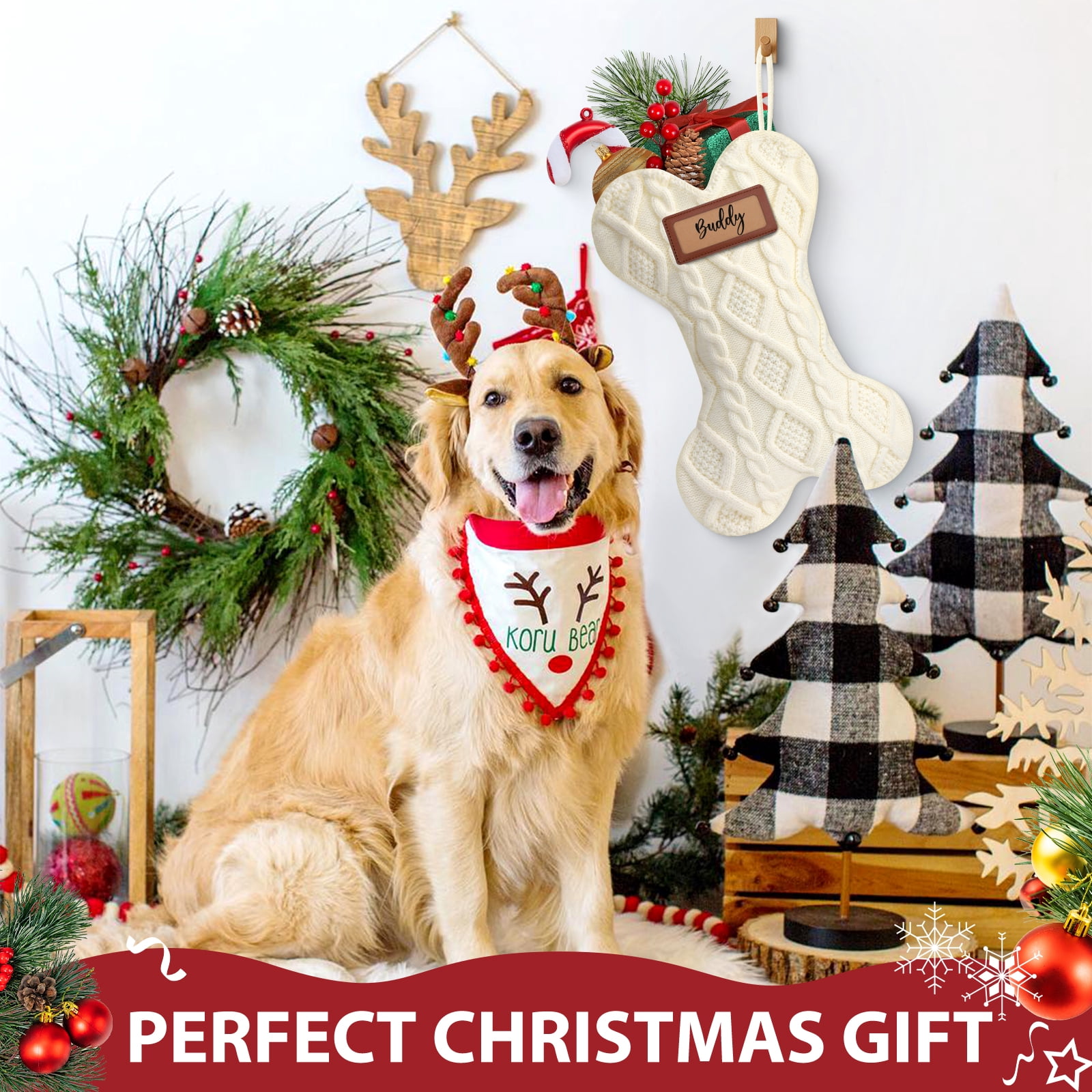 Ayieyill 18" Dog Christmas Stocking, Bone Shape Stocking Christmas for Dog, Large Pet Stockings Hanging Christmas Decorations (White)