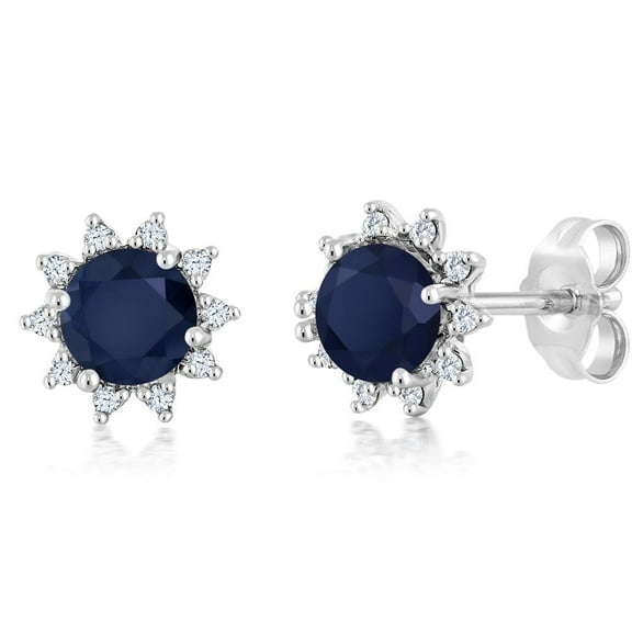 Gem Stone King 18K White Gold Diamond Stud Earrings Round 4mm Blue Sapphire 0.72 Ct