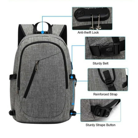 Men's Travel Shoulder Backpack & Laptop Bag USB Charger School Outdoor Bags With Large Capacity -Gray