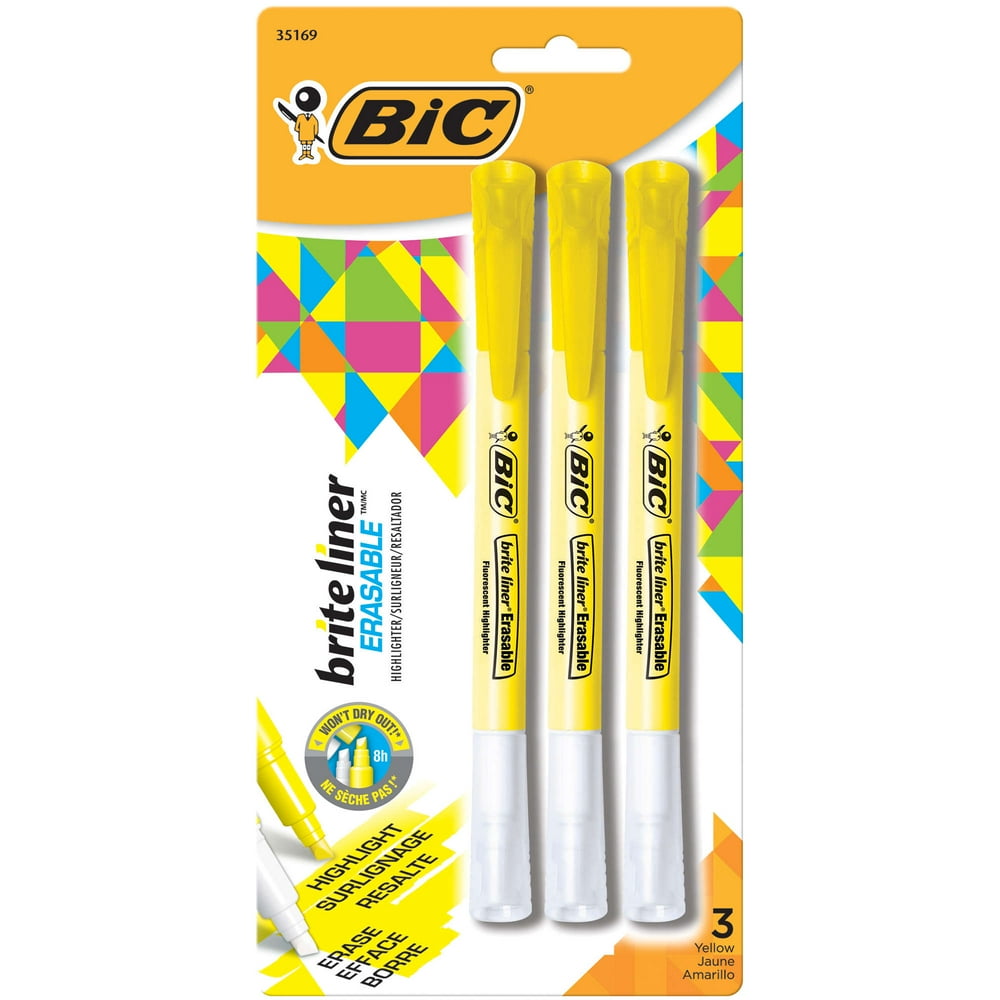 BIC Brite Liner Erasable Highlighter, Yellow, 3 Count