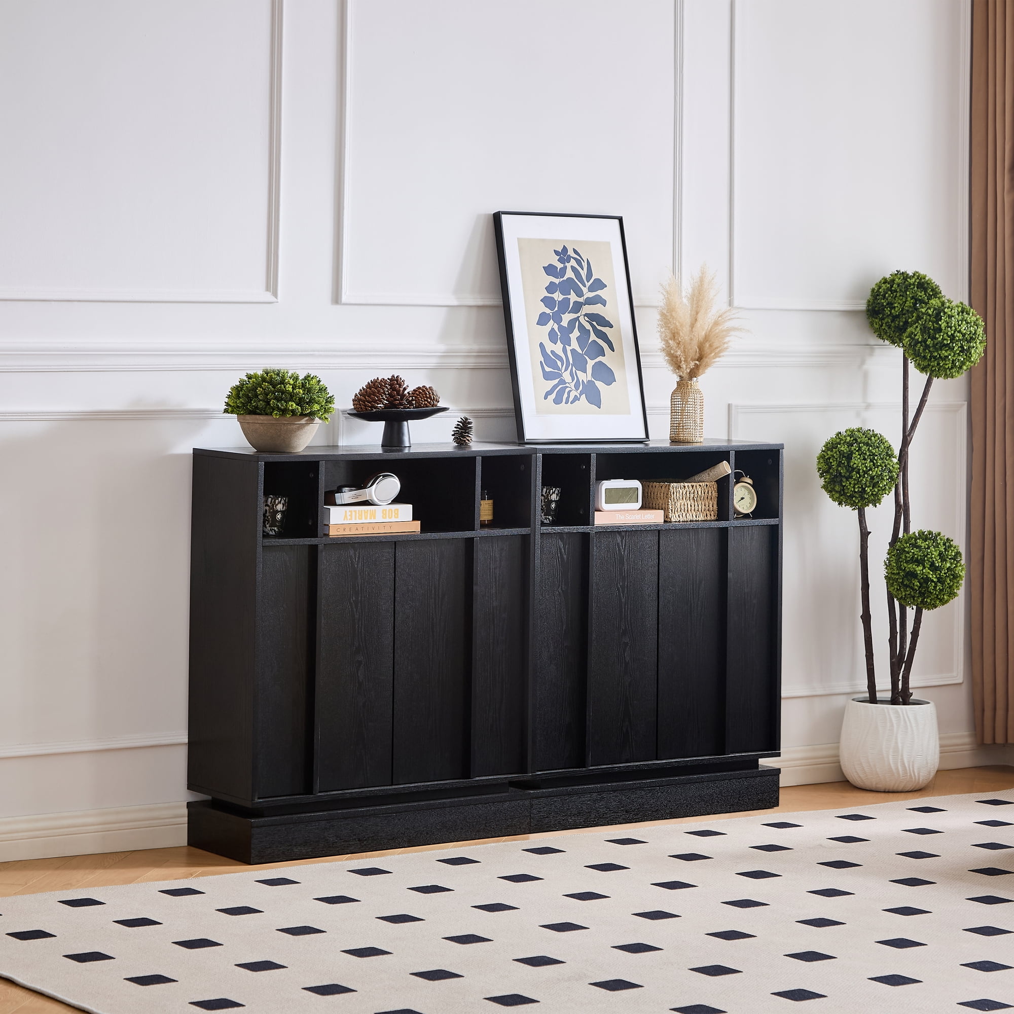 Leumius Sideboard Buffet Cabinet with Storage, Farmhouse Fluted Sideboard with 2 Doors & Adjustable Shelf, TV Media Console, Storage Cabinet for Entryway Hallway Kitchen Dining Living Room,Black