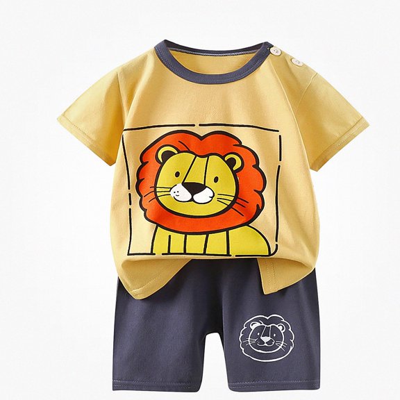Crunowin Boys And Girls Cotton Outfit Sets Round Neck Lion Print Tee and Elastic Waist Shorts Summer Breathable Wear White Size 6M