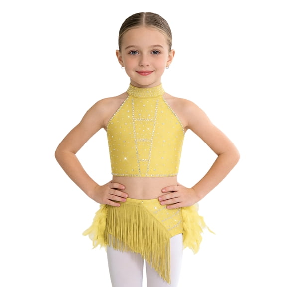 Haitryli Girls Kids Latin Jazz Ballroom Dance Dress 2-Piece Rumba Samba Modern Dancewear Tassel Ballet Leotard Skirt Yellow 14