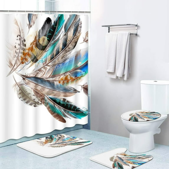FMSHPON Colorful Feather 4 Piece Bathroom Set Shower Curtain Bath Rug Contour Mat and Toilet Lid Cover
