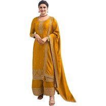 Pakistani Eid Special Designer Sewn Plazo Suits Indian Salwar Kameez Outfit ( Yellow, 5XL - 52 )