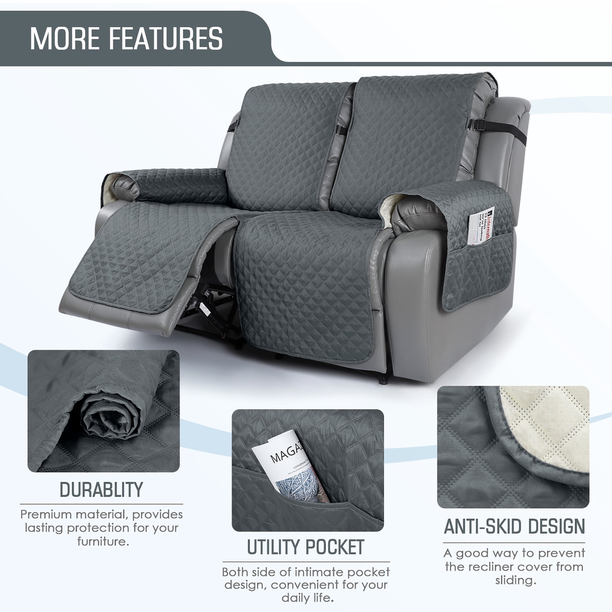 TAOCOCO Anti-Slip Loveseat Recliner Slipcover,2-Seat Sofa Cover Qulited Recliner Couch Covers Dark Gray