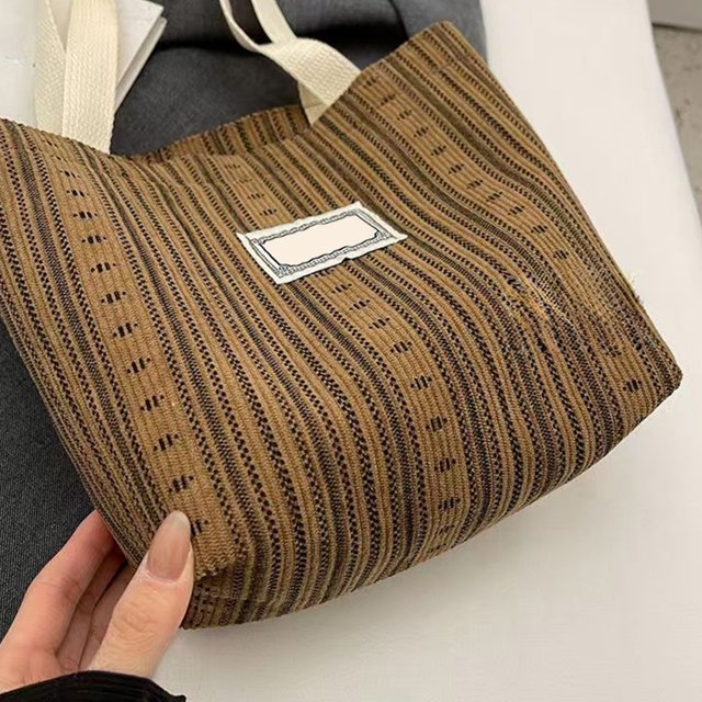 Bolso de lona para mujer a rayas | Bolso ligero para el hombro, costuras reforzadas, gran capacidad, 28x22x5cm, beige gris marrón | Es esencial para desplazarse y comprar