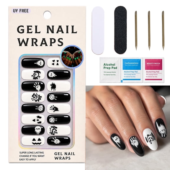 16PCS Cute Halloween Semi Cured Gel Nail Strips, Glow in the Dark Nail, Need UV Light, Halloween Nails Stickers with Ghost Pumpkin Spider Web, Horror Ghost Full Wraps Nail Strips for Women