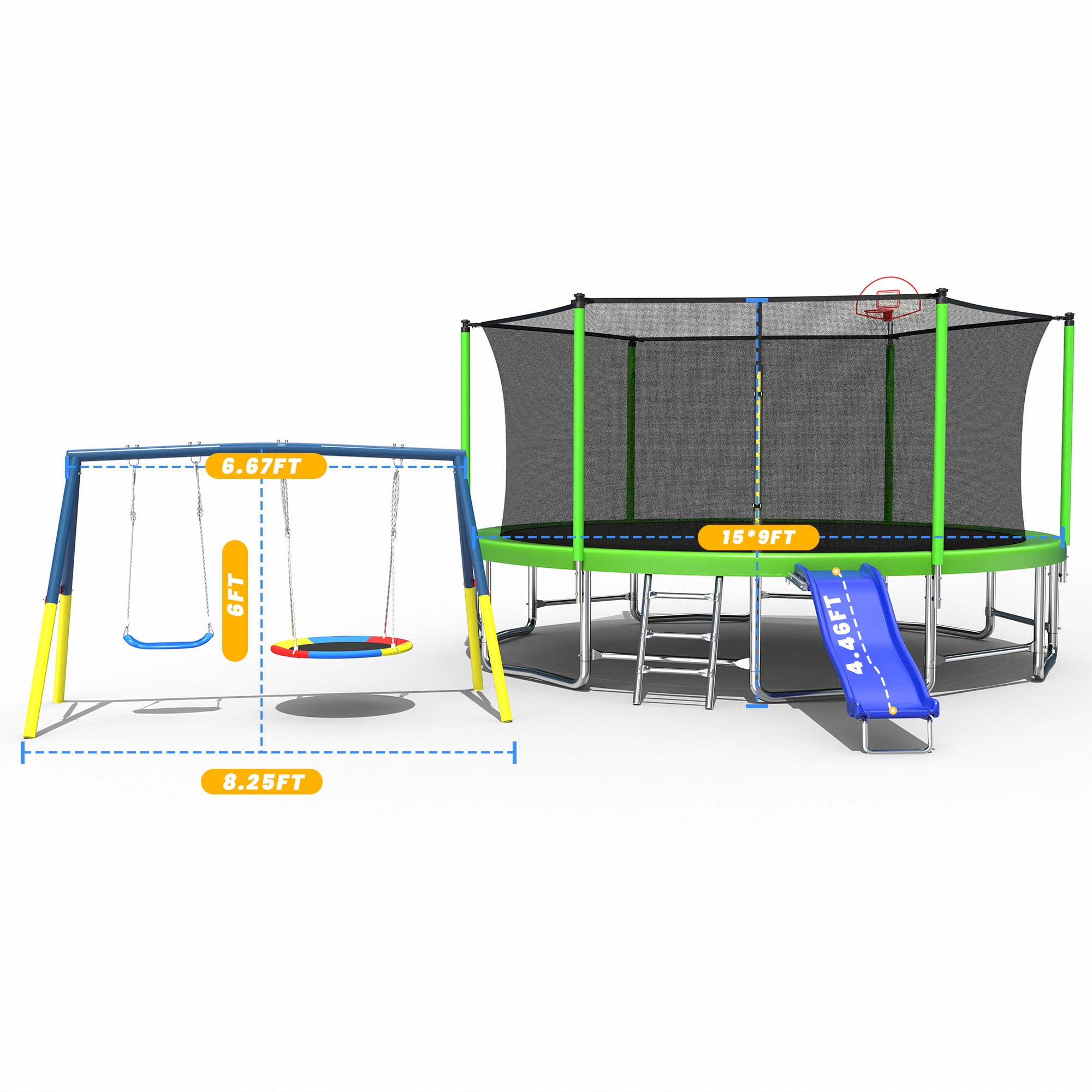 Mersco 15FT Heavy Duty Trampoline Outdoor for Backyard, with Enclosure Net , Slide and Swing Set , with Basketball Hoop,Birthday and Holiday Gifts ,Green