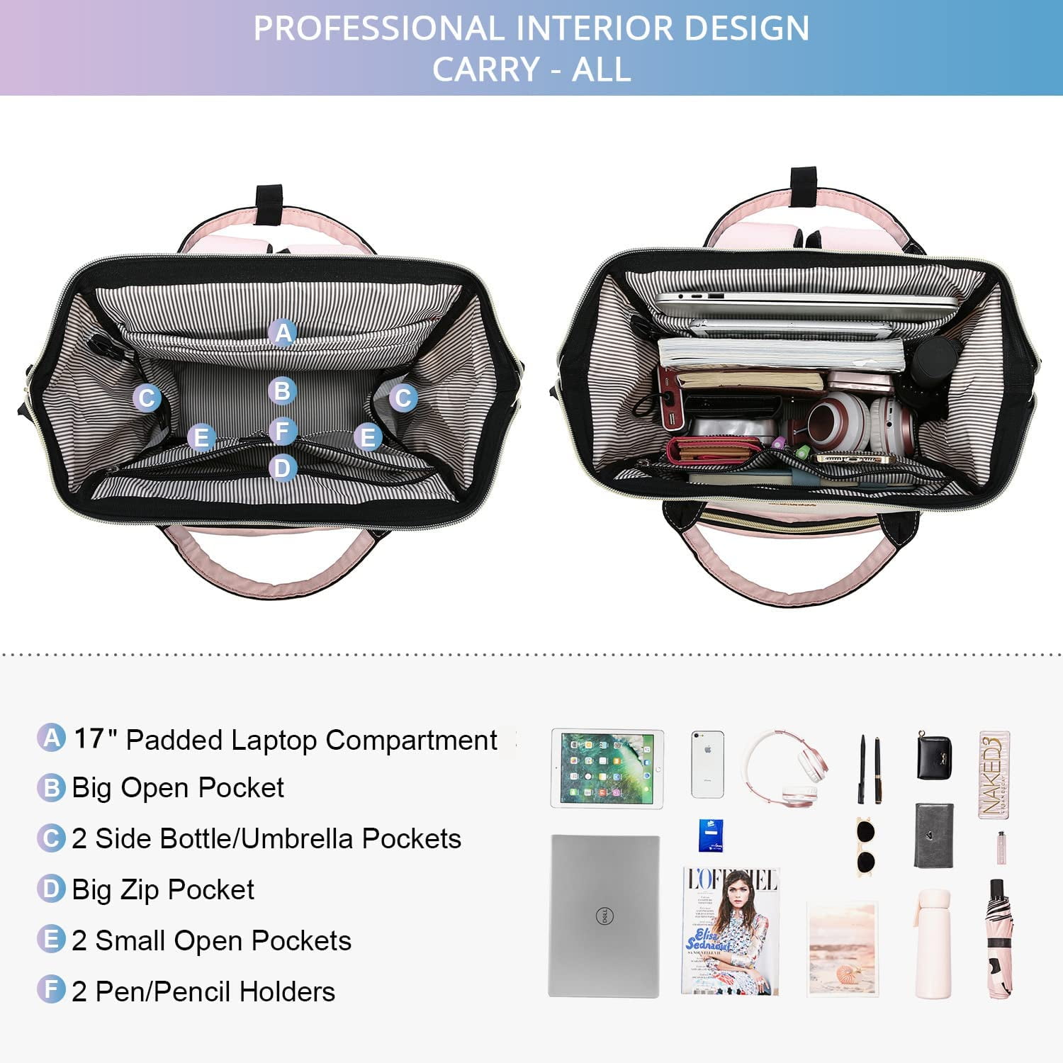 Lovevook Large Capacity 17inch Laptop Bag with Anti-Thief Pocket and USB Charging Port, Beige Pink