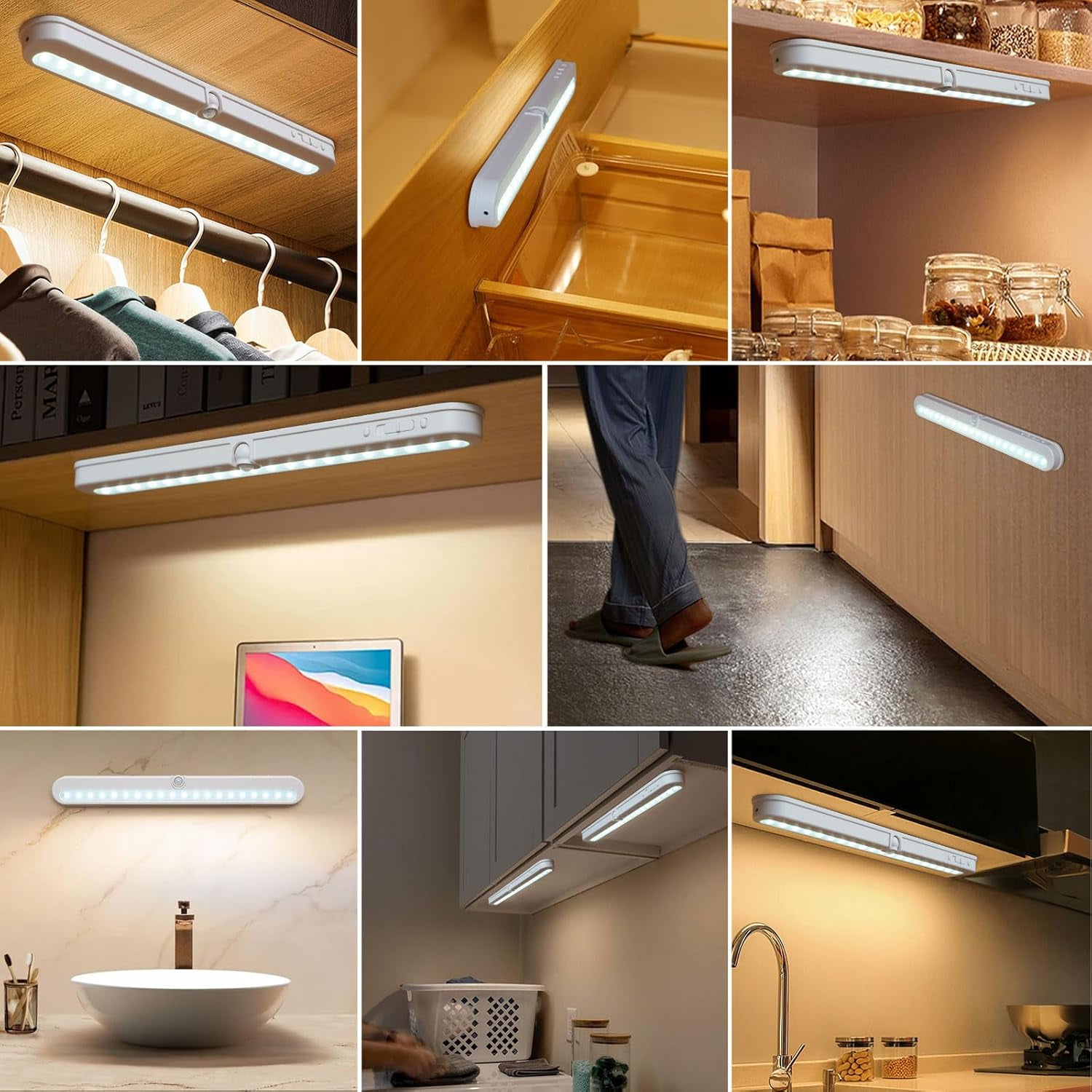 Under Cabinet Lighting, 2200mah Rechargeable Closet Lights Motion Sensored, Battery Powered/DC Cable Plug in LED Light, 14 inch, 6000K Cool White, Dimmable, Under Counter Lights for Kitchen
