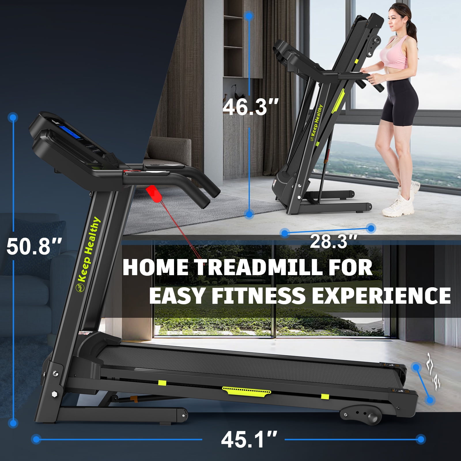 FYC Folding Treadmill for Home with Incline / Bluetooth, 3.5HP 330lb Weight Capacity Portable Electric Treadmill for Home Gym Exercise Running Walking Easy Assembly Green