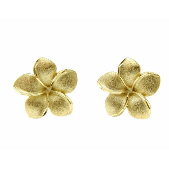 14K solid yellow gold Hawaiian 15.5mm plumeria flower stud post earrings