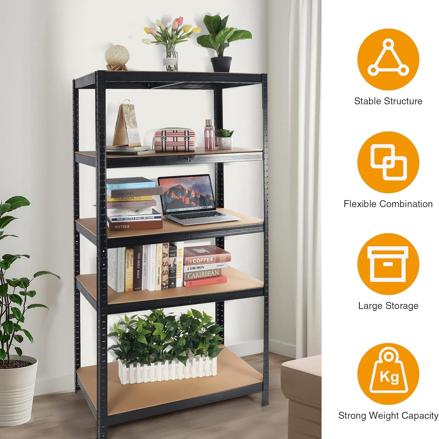 Miniyam 2000LBS Capacity 5 Tier Laminated Metal Shelving Unit, Adjustable Storage Rack, Black
