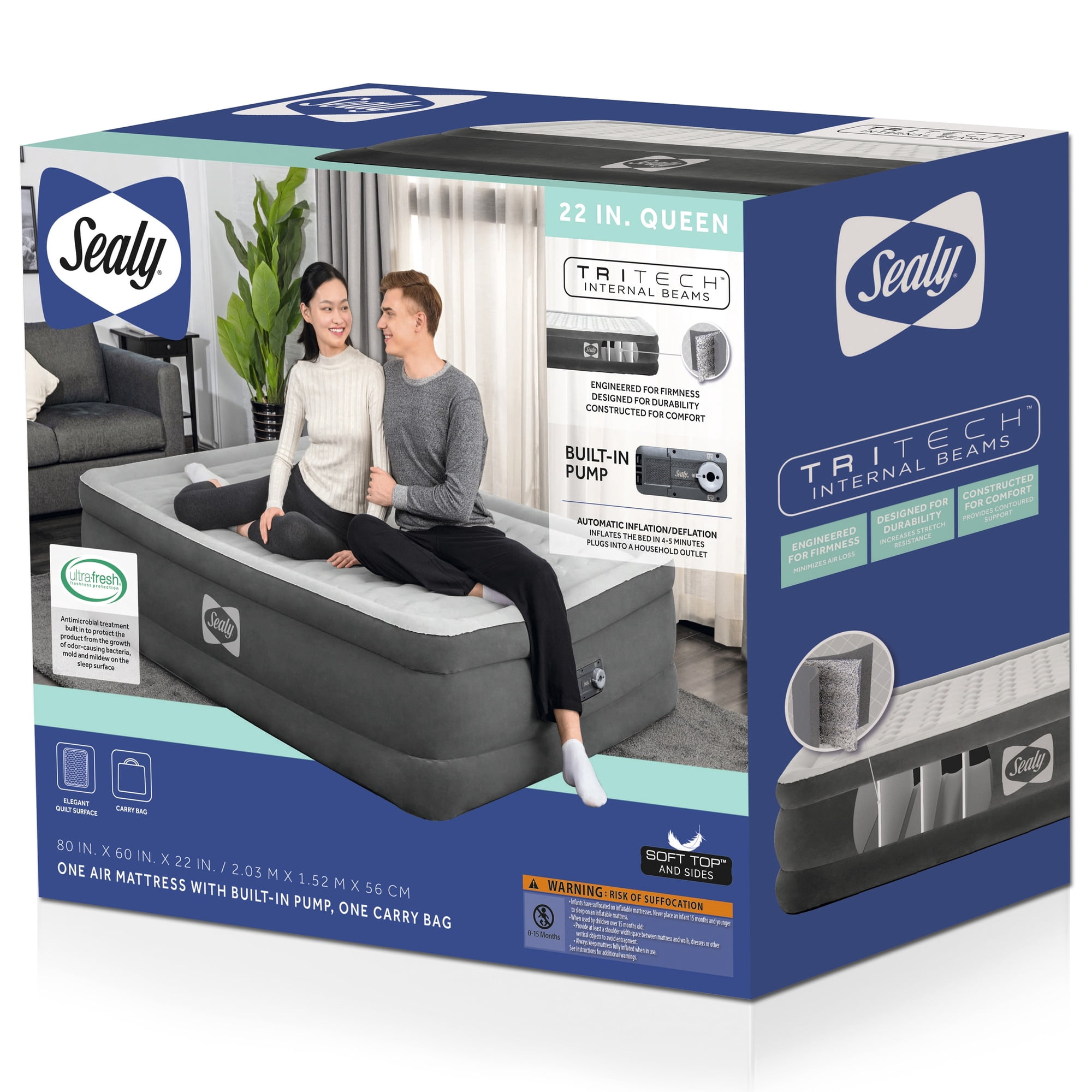 Sealy Tritech Queen 22" Air Mattress with Built-In AC Pump, Durable Inflatable Bed with Carry Bag