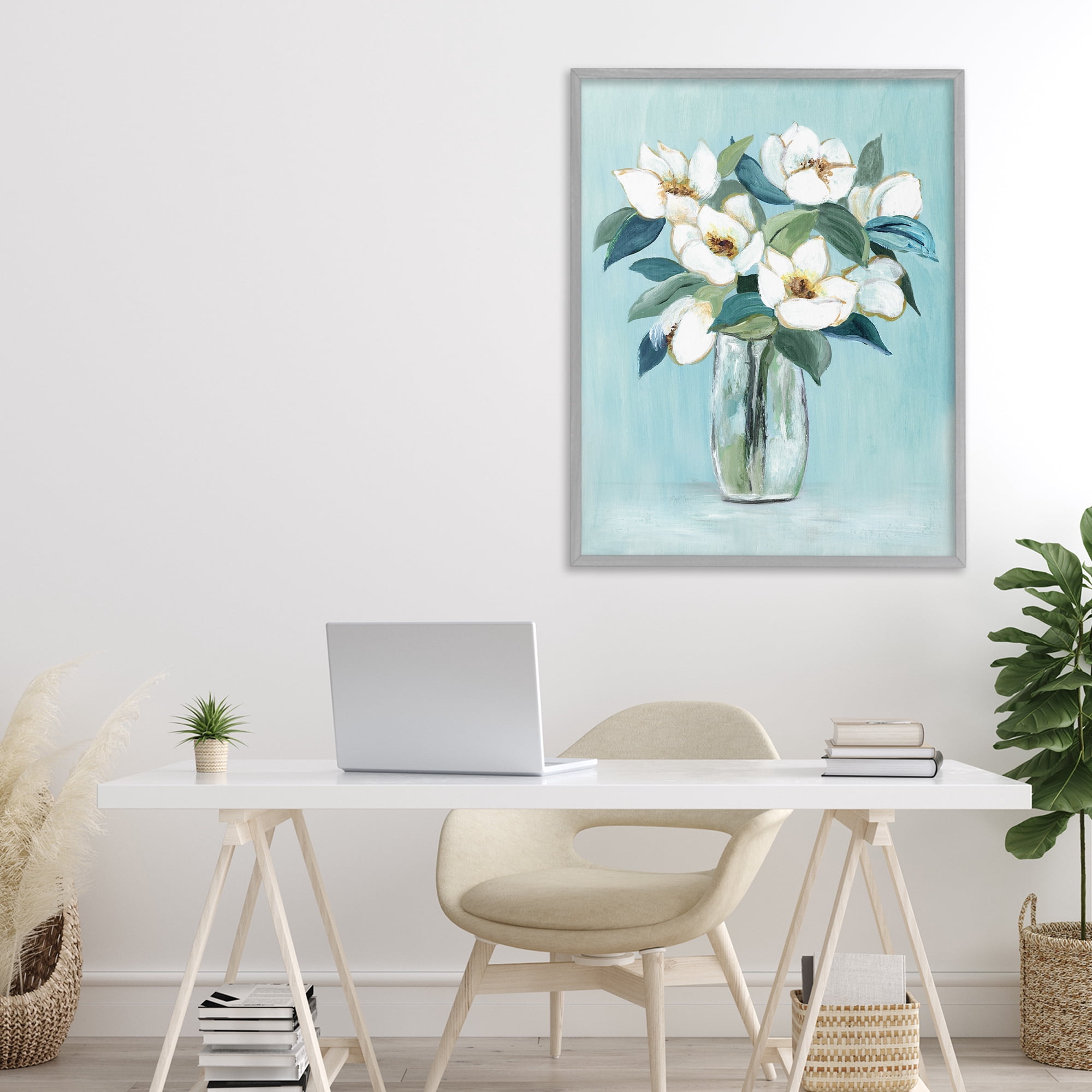 Stupell Industries Magnolia Blossoms on Blue Gray Framed Giclee Art, design by Janet Tava