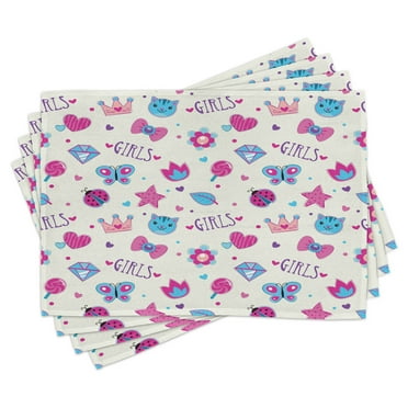 Ambesonne Feminine Place Mats Set of 4, Bowtie Ladybird Cat Fun, Standard Size, Fuchsia and Blue