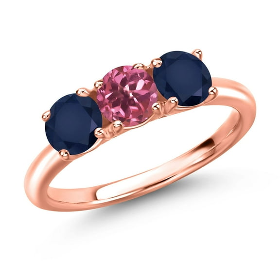 Gem Stone King 18K Rose Gold Plated Silver Pink Tourmaline and Blue Sapphire Engagement Ring for Women | 1.72 Cttw | Round 5MM | Gemstone October Birthstone | Size 9