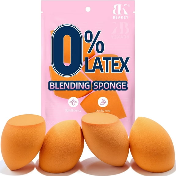 BEAKEY Makeup Sponge, Latex Free Beauty Sponge Blender for Blending Foundation Powder, Orange 4 Pcs