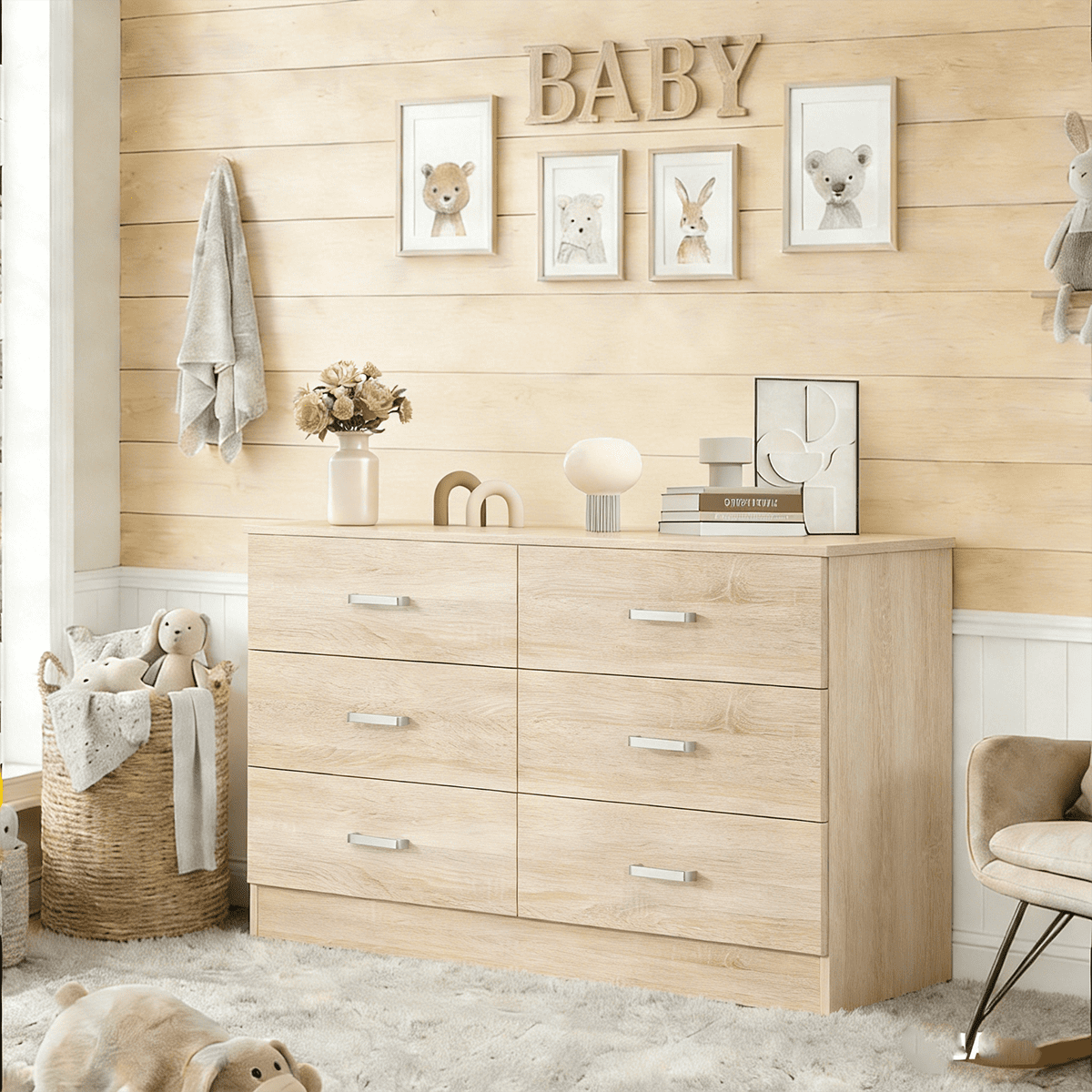 Winkalon Oak Dresser for Bedroom, 6 Drawer Dresser Chest of Drawers, Wood Dressers for Closet, Wide Modern Dressers for Living Room, Hallway, Entryway, TV Stand, Oak