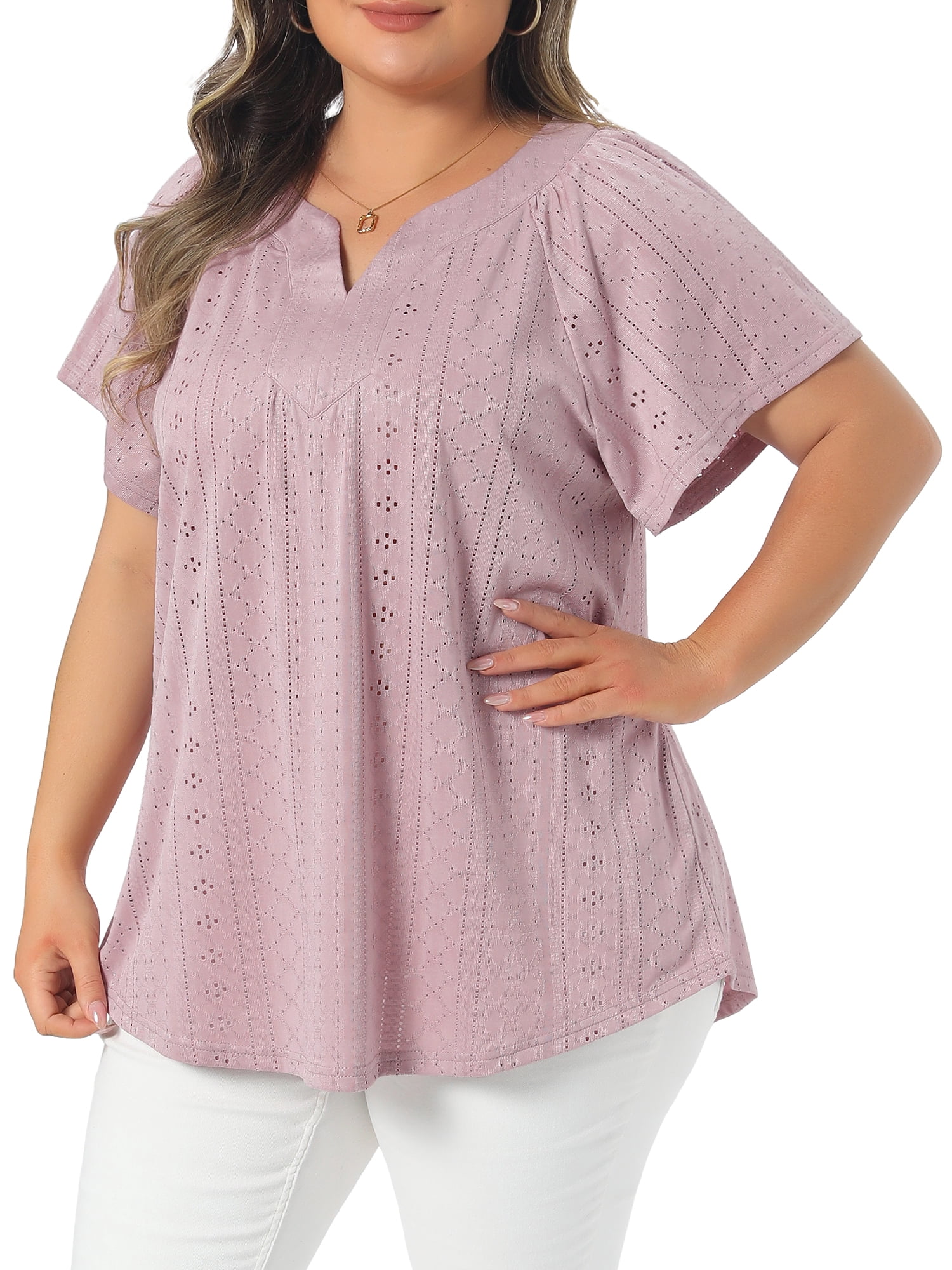 Women's Plus V Neck Short Sleeve Eyelet Embroidery Casual Blouse 2X Pink