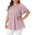 thumbnail image 2 of Women's Plus V Neck Short Sleeve Eyelet Embroidery Casual Blouse 1X Pink, 2 of 6
