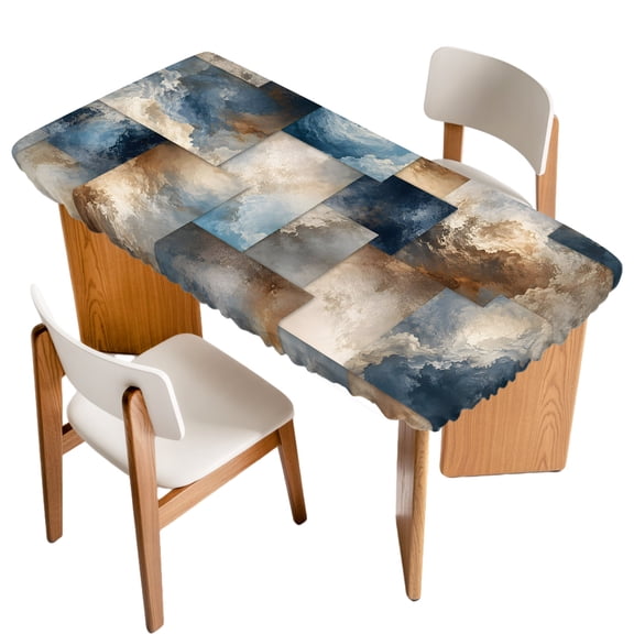 Marble Vein Fitted Rectangle Tablecloth 32" x 72" Abstract Vintage Blue Sand Ochre Cloud Patchwork Elastic Table Cloth Fits for 6 Foot Folding Tables Waterproof Table Cover for Picnic Camping Outdoor