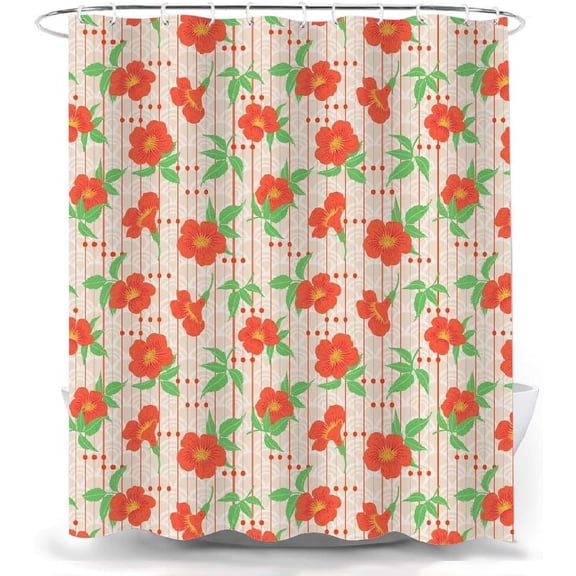 Floral Shower Curtain,Red Floral Green Leaves Fabric Bathroom Decor Shower Curtain Set with Hooks 72X72 Inches
