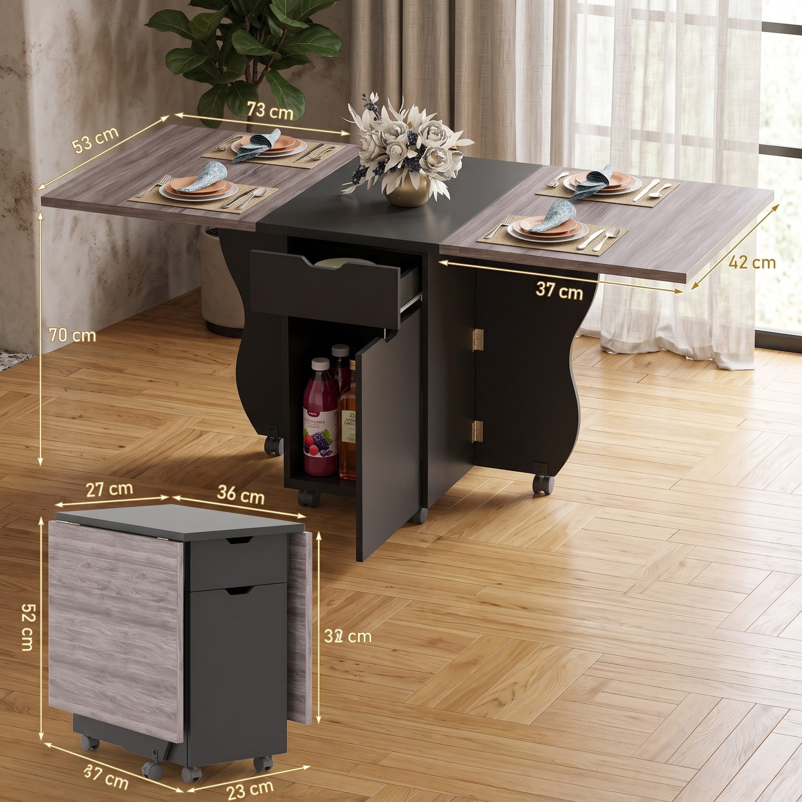 Furnibear 3-in-1 Folding Dining Table, Space-Saving Drop Leaf Kitchen Table with Storage Drawers, Cabinet & 6 Lockable Wheels for Small Spaces, Black
