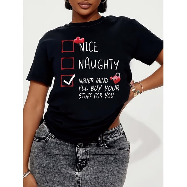 1pc Women'S Casual Round Neck T-Shirt with "Nice Naughty" Print - Polyester Knit Short Sleeve Tee for All Seasons