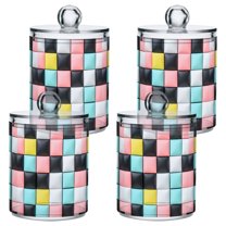 Yayeee 4 Pack Qtip Holder Bathroom Cotton Swab Canister with Lid Clear Dispenser Set, Gray Checkered Pattern