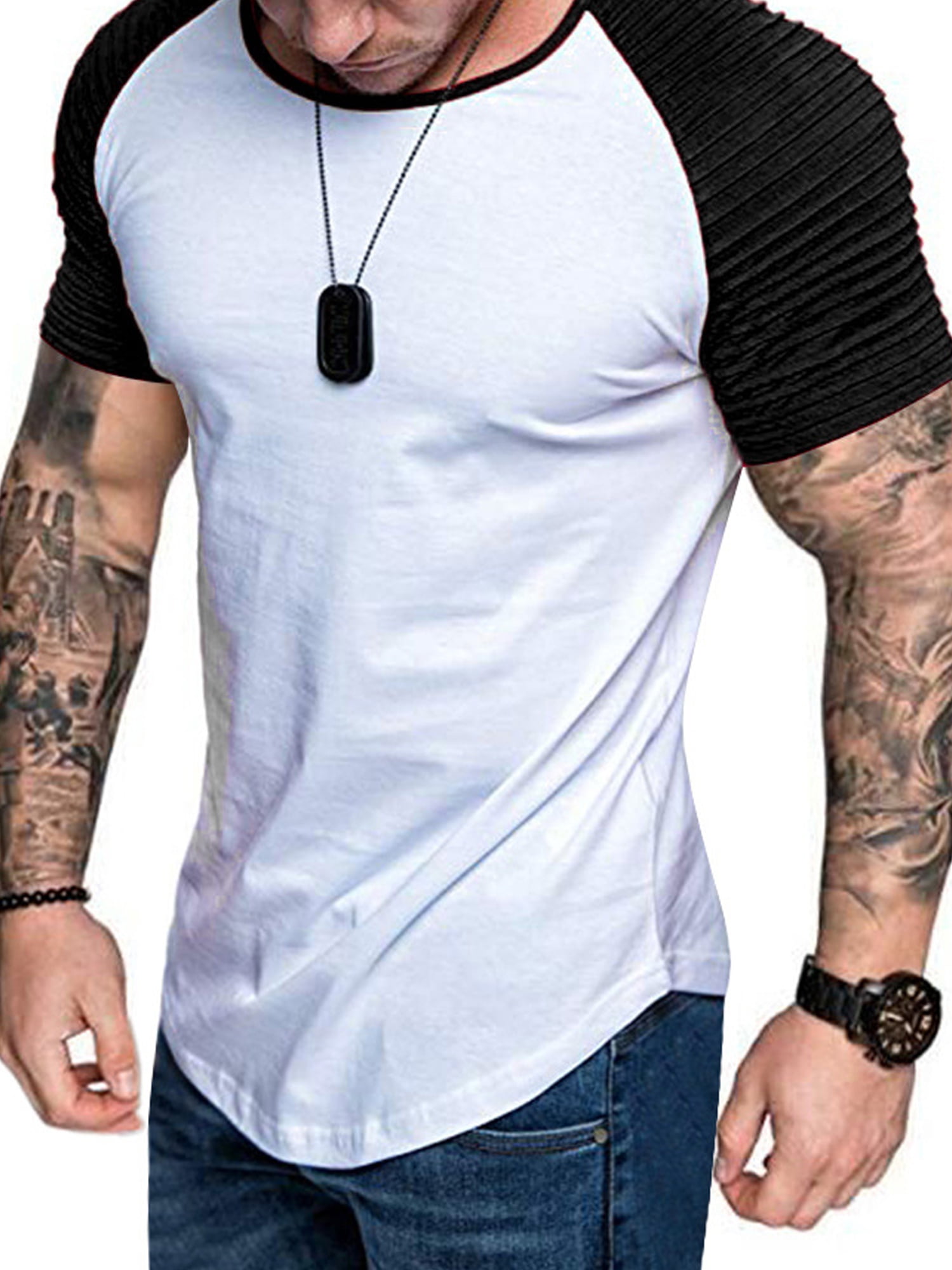Men's Slim Fit O Neck Pleated Short Sleeve Muscle Tee T-shirt Casual Tops Blouse