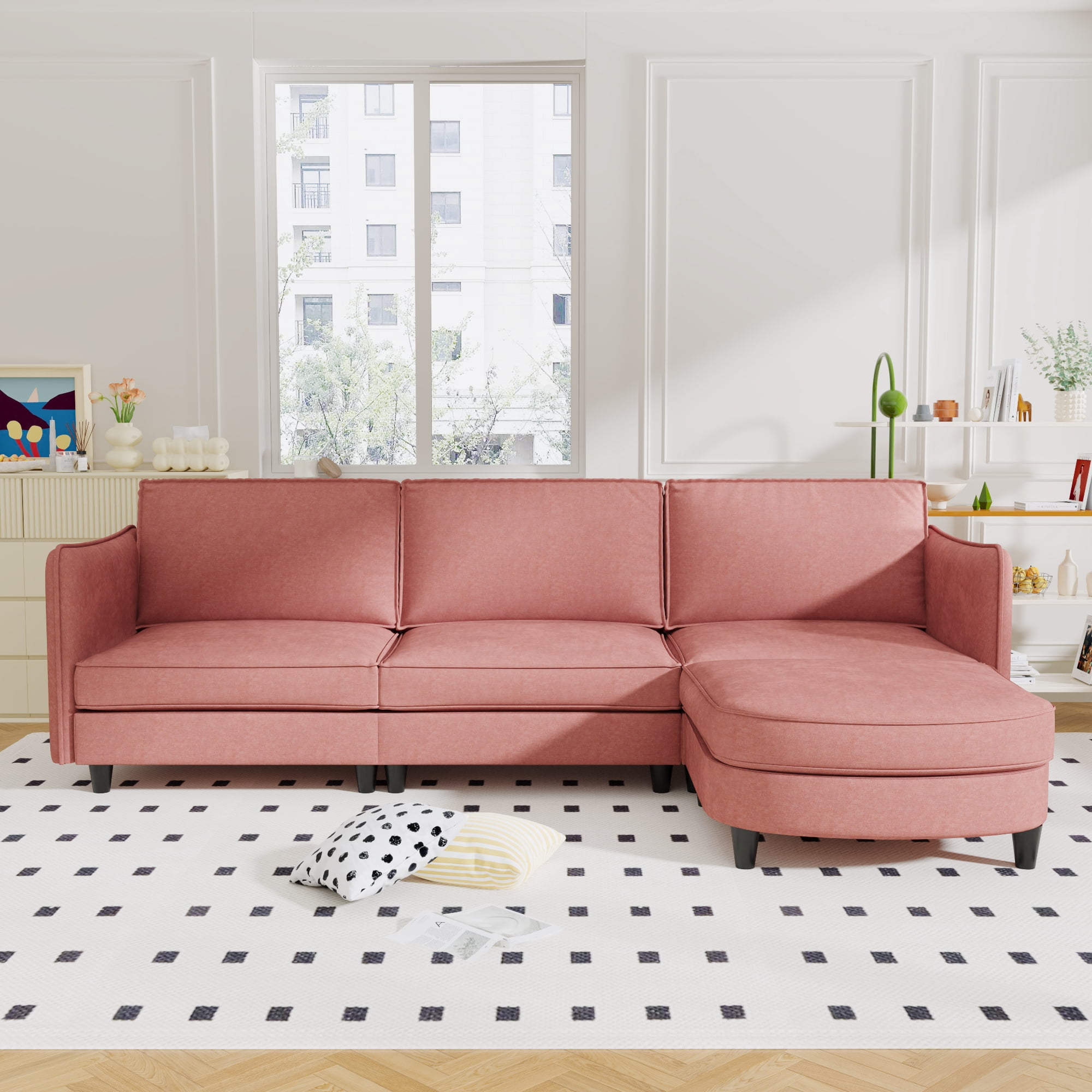108" L-Shaped Sectional Sofa Couch, Modern Fabric 3 Seat Sofa Couch with Movable Ottoman&Pockets for Living Room, Apartment,Red