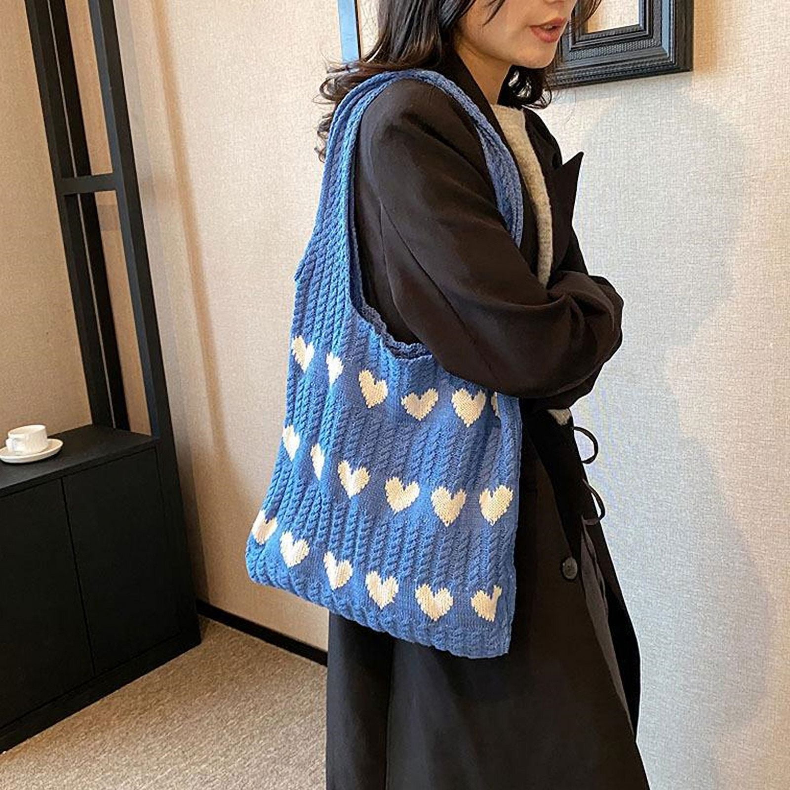 Love Heart Graphic Knitted Tote Bag Fashion Woven Shoulder Bag Aesthetic Crochet Bag For Women