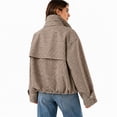 thumbnail image 4 of LNZGNM Plaid Bomber Jacket for Women Zip Up Stand Collar Long Sleeve Jackets Elastic Cuff Loose Lightweight Fall Winter Coat with Pockets,Brown (M), 4 of 5