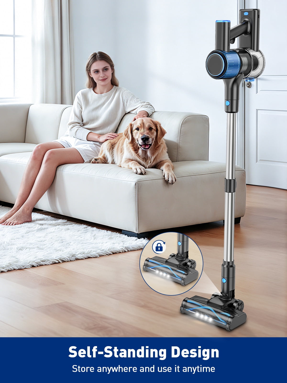 Cocbny Cordless Vacuum Cleaner,Self Standing 30Kpa 8 in 1 Lightweight Stick Vacuum, Anti-Tangle Vacuum, 40mins Runtime Rechargeable Vacuums for Home, Hardwood Floor, Carpet, Pet Hair, Blue